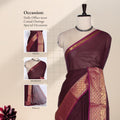 Front view of purple Venkatagiri cotton saree with gold zari border and richly woven pallu on mannequin.