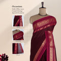 Venkatagiri cotton saree with pink zari temple border on dark purple body front view with border and pallu details