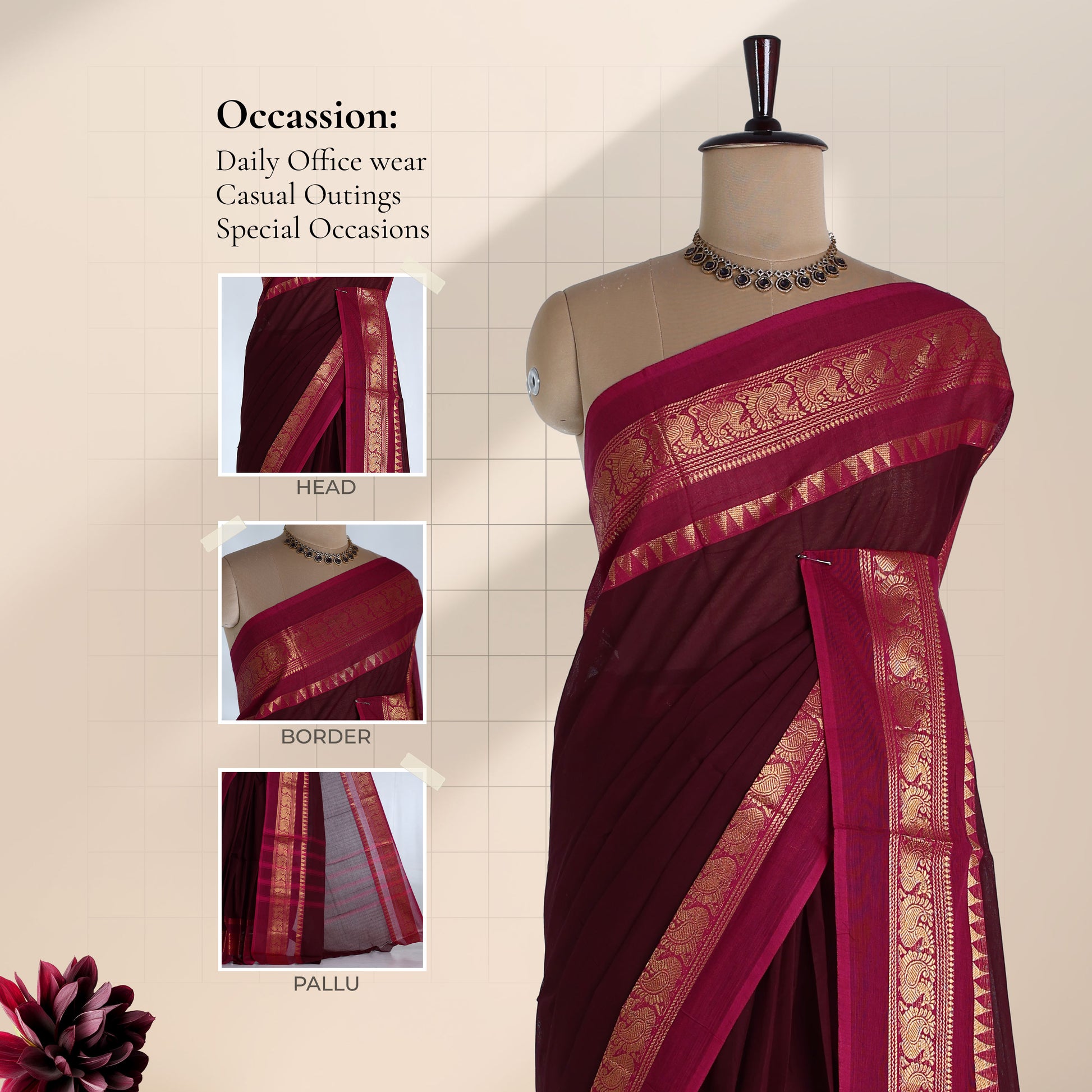Venkatagiri cotton saree with pink zari temple border on dark purple body front view with border and pallu details
