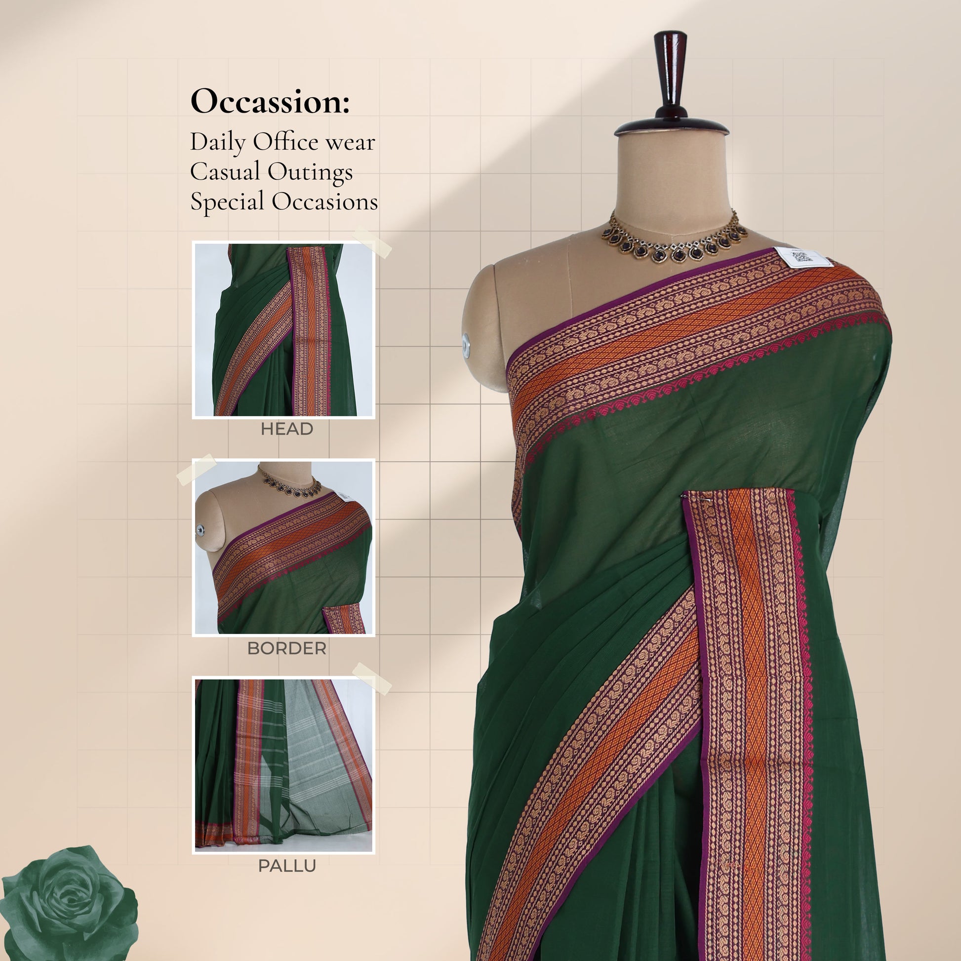 Venkatagiri cotton saree with traditional gold zari woven purple border in green front view on mannequin 