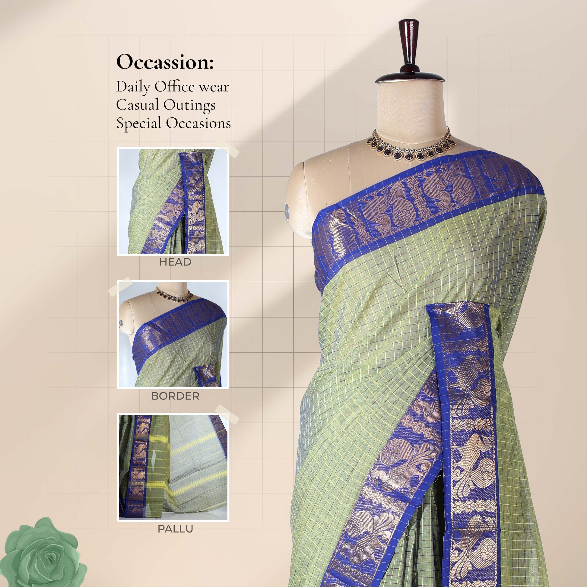 Front view of a green Venkatagiri cotton saree with a royal blue and gold zari peacock border displayed on a mannequin