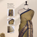 Venkatagiri cotton saree with olive green body and navy blue zari border front draped view on mannequin