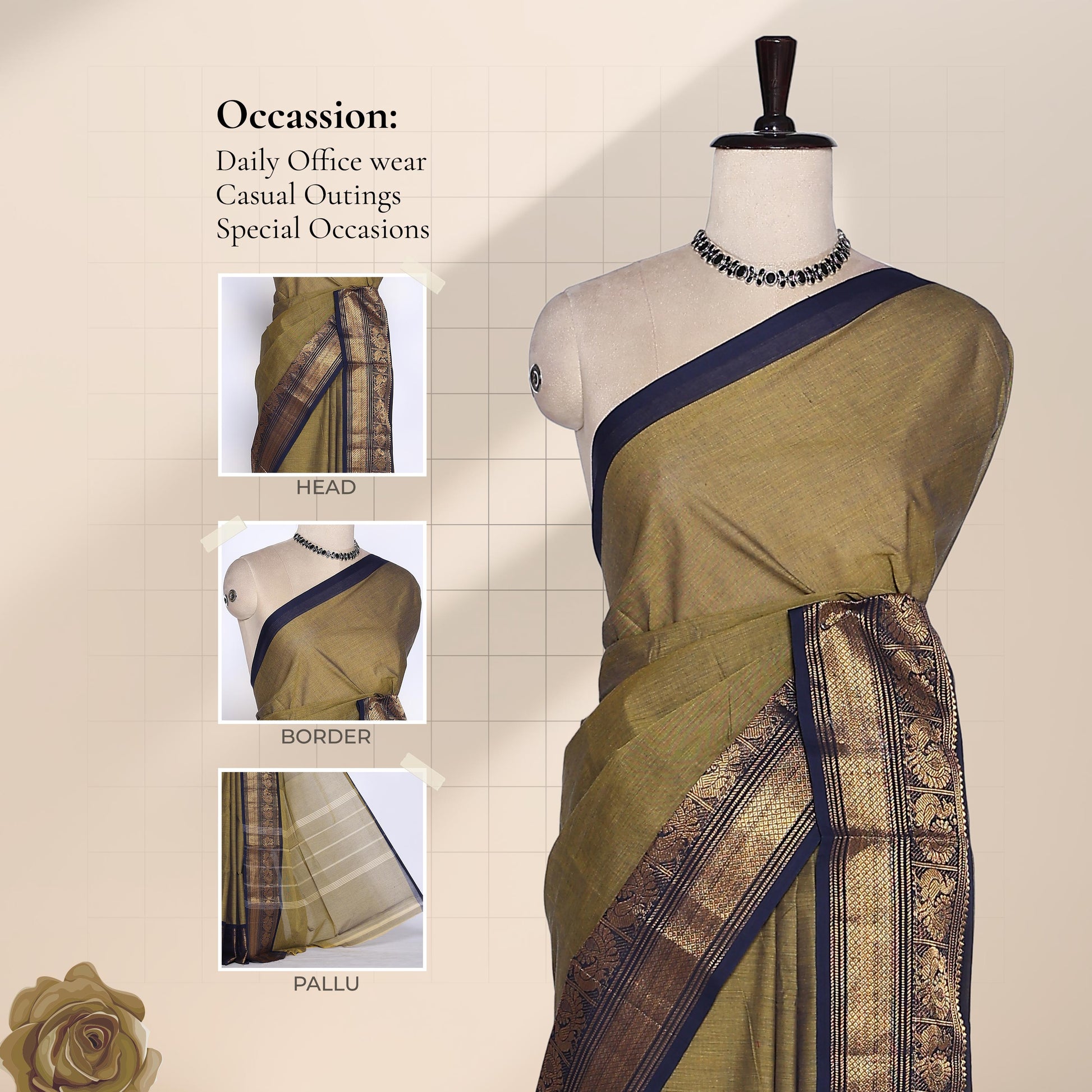 Venkatagiri cotton saree with olive green body and navy blue zari border front draped view on mannequin