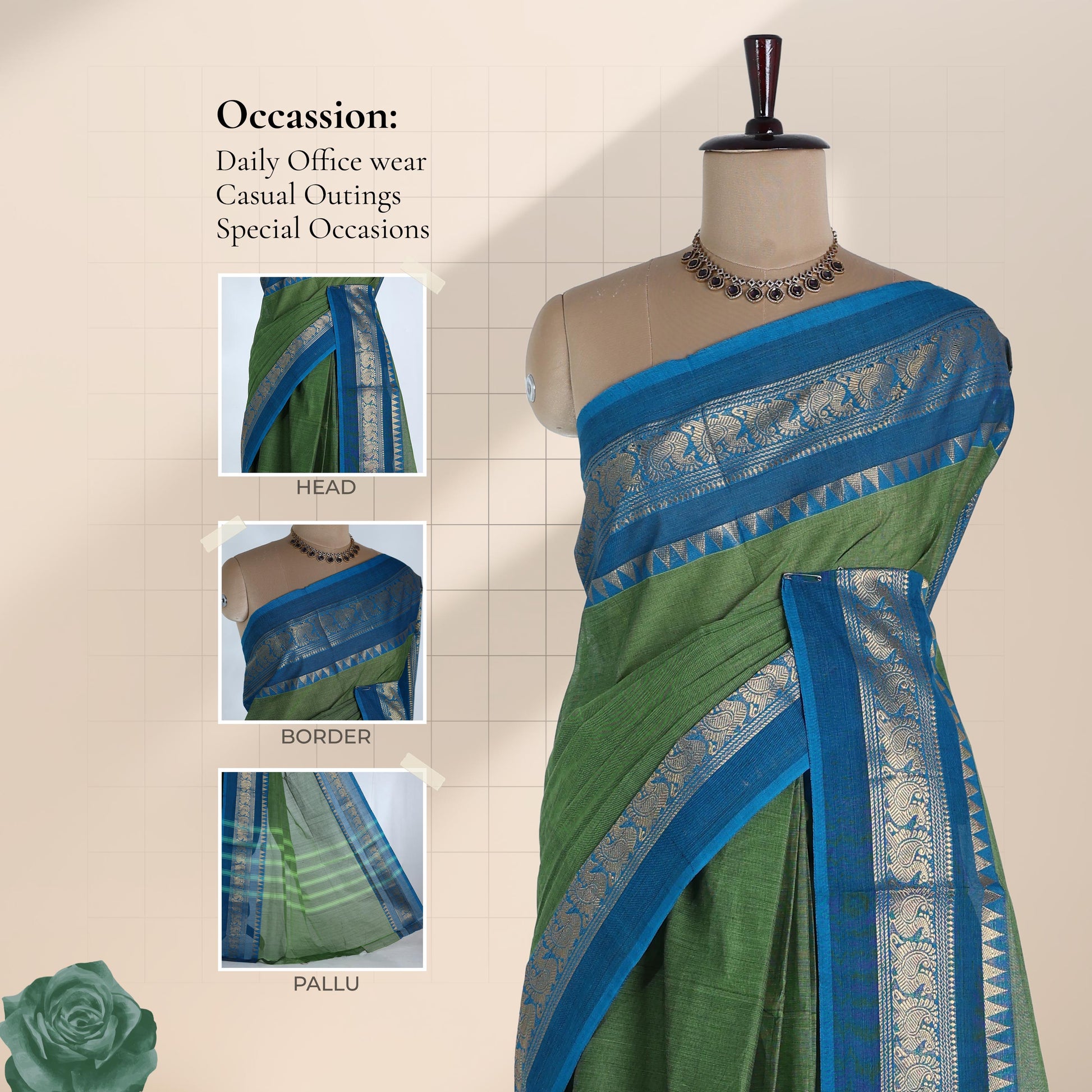 Venkatagiri cotton saree with royal blue zari temple border on green body front view with border and pallu details