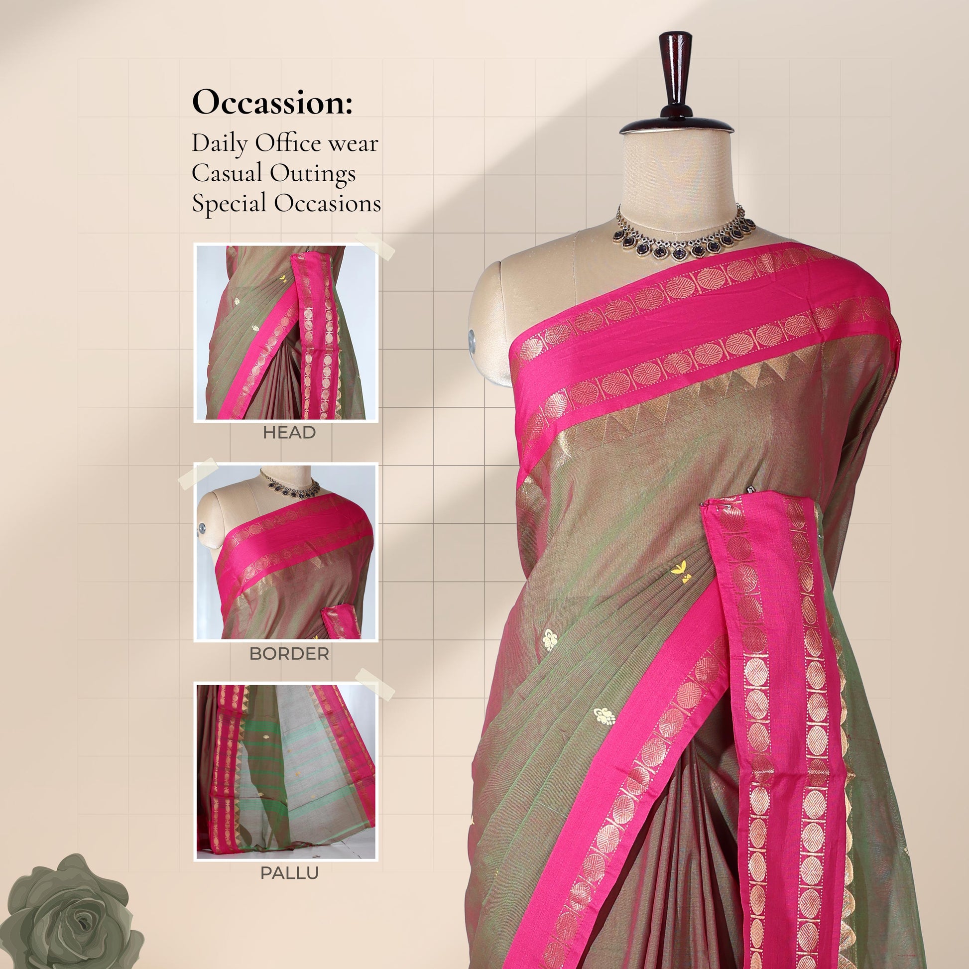 Venkatagiri cotton saree with green body contrast pink temple geometric zari border and floral buttas front draped mannequin view.