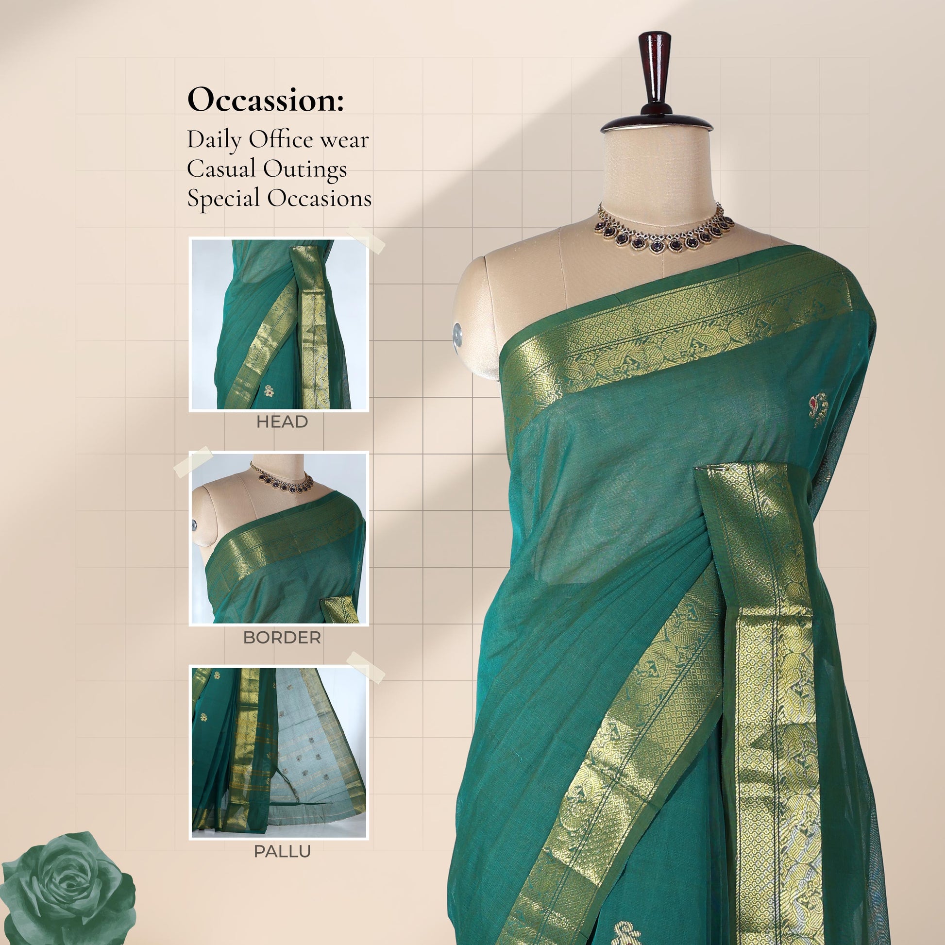 Venkatagiri cotton saree with dark green body peacock zari border and floral buttas front draped mannequin view.