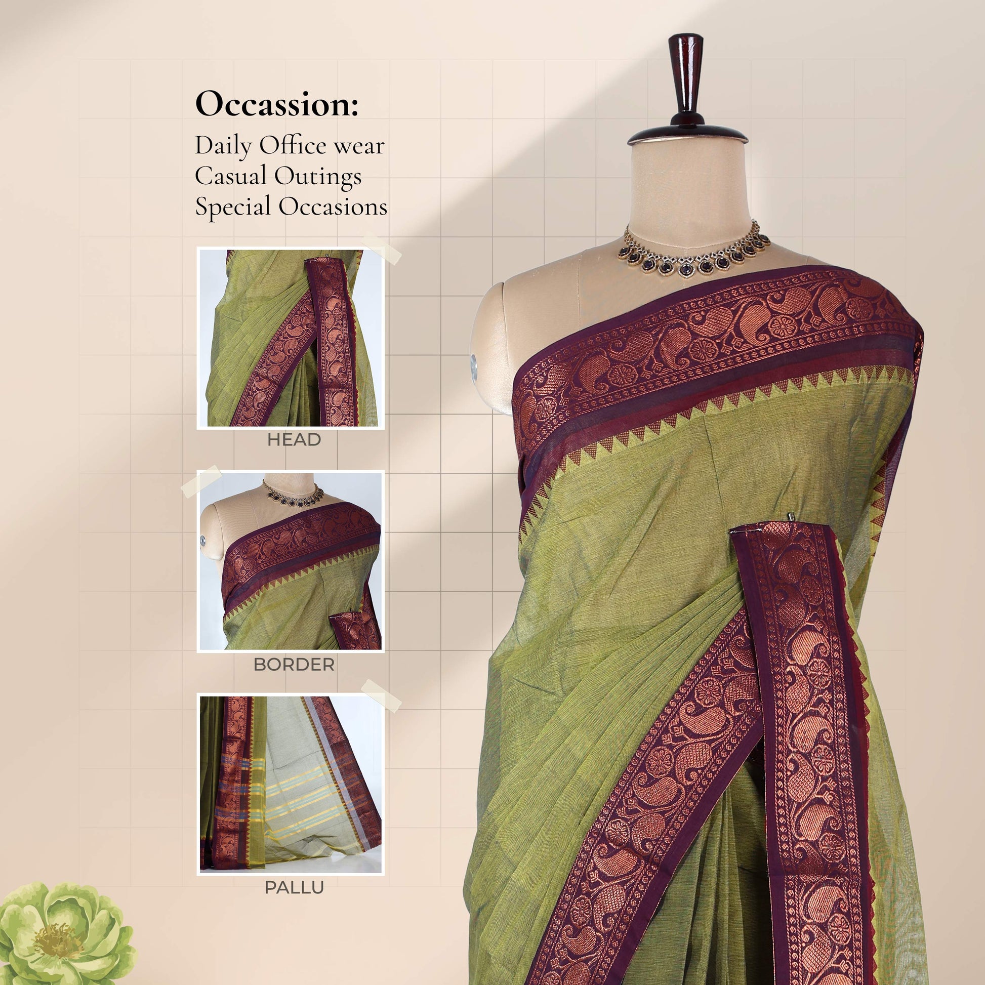 Venkatagiri cotton saree with green body and maroon temple paisley zari border front draped mannequin view.