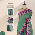 Venkatagiri cotton saree with royal blue zari border and magenta edging in green front draped view
