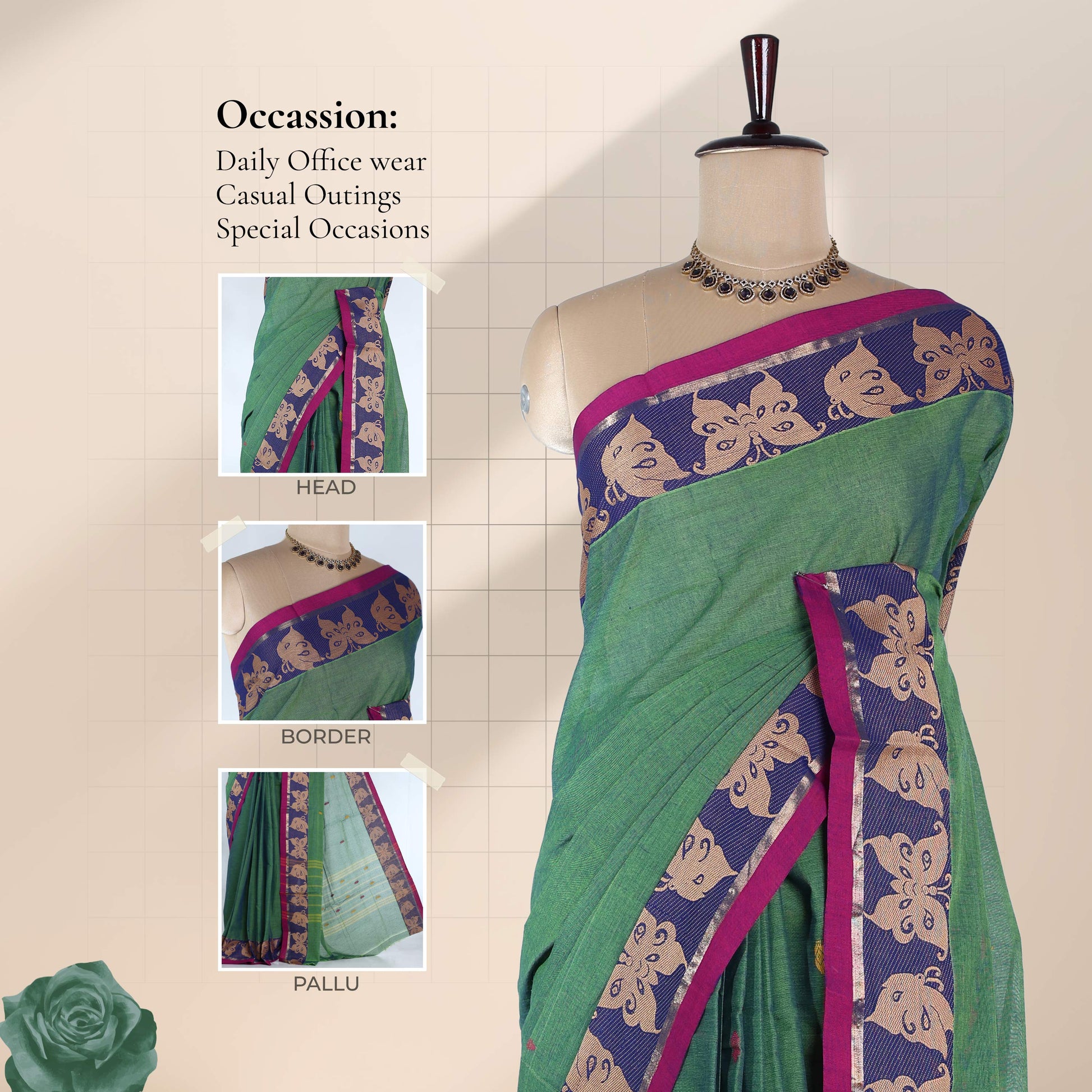 Venkatagiri cotton saree with royal blue zari border and magenta edging in green front draped view