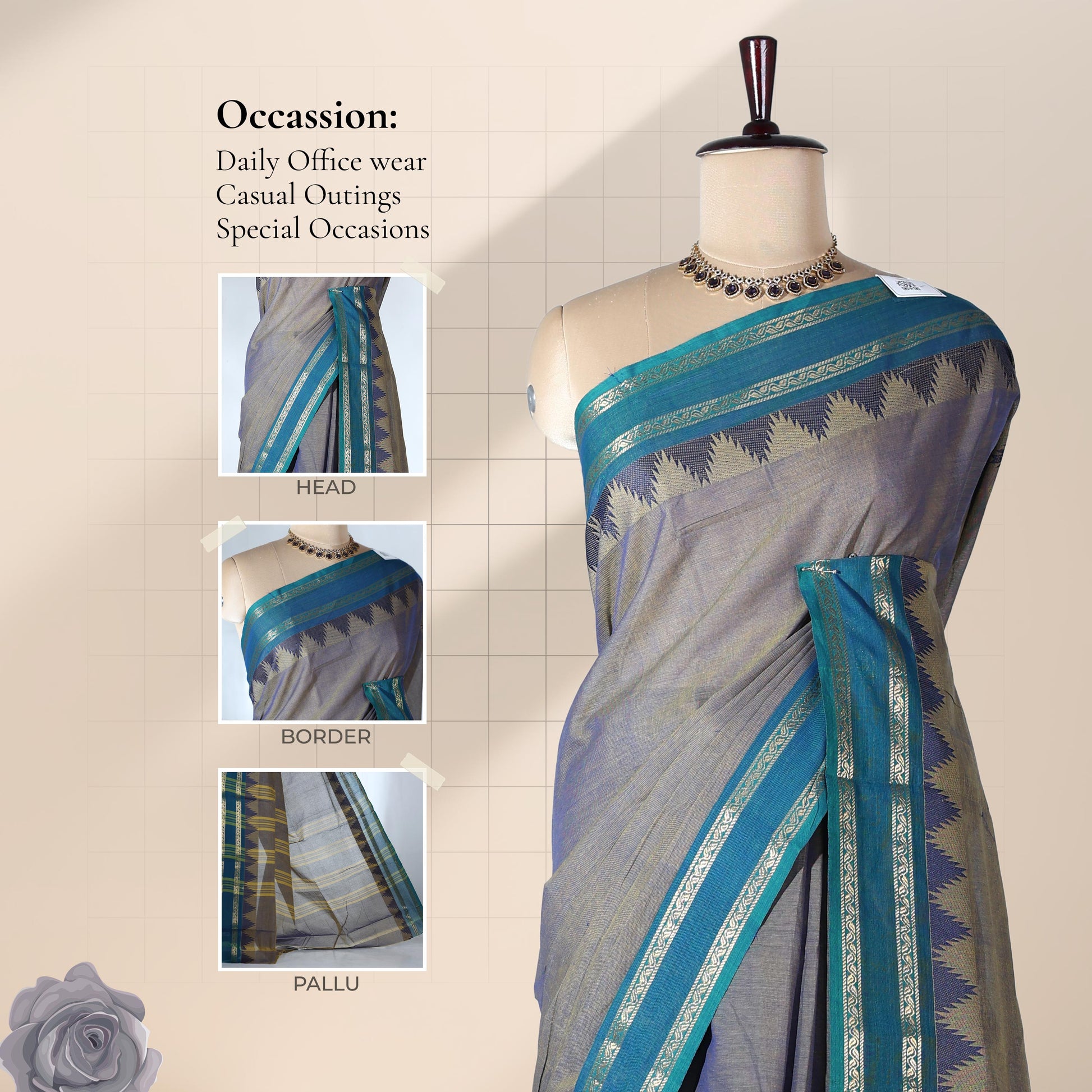 Venkatagiri cotton saree with teal temple zari border in grey front draped mannequin view