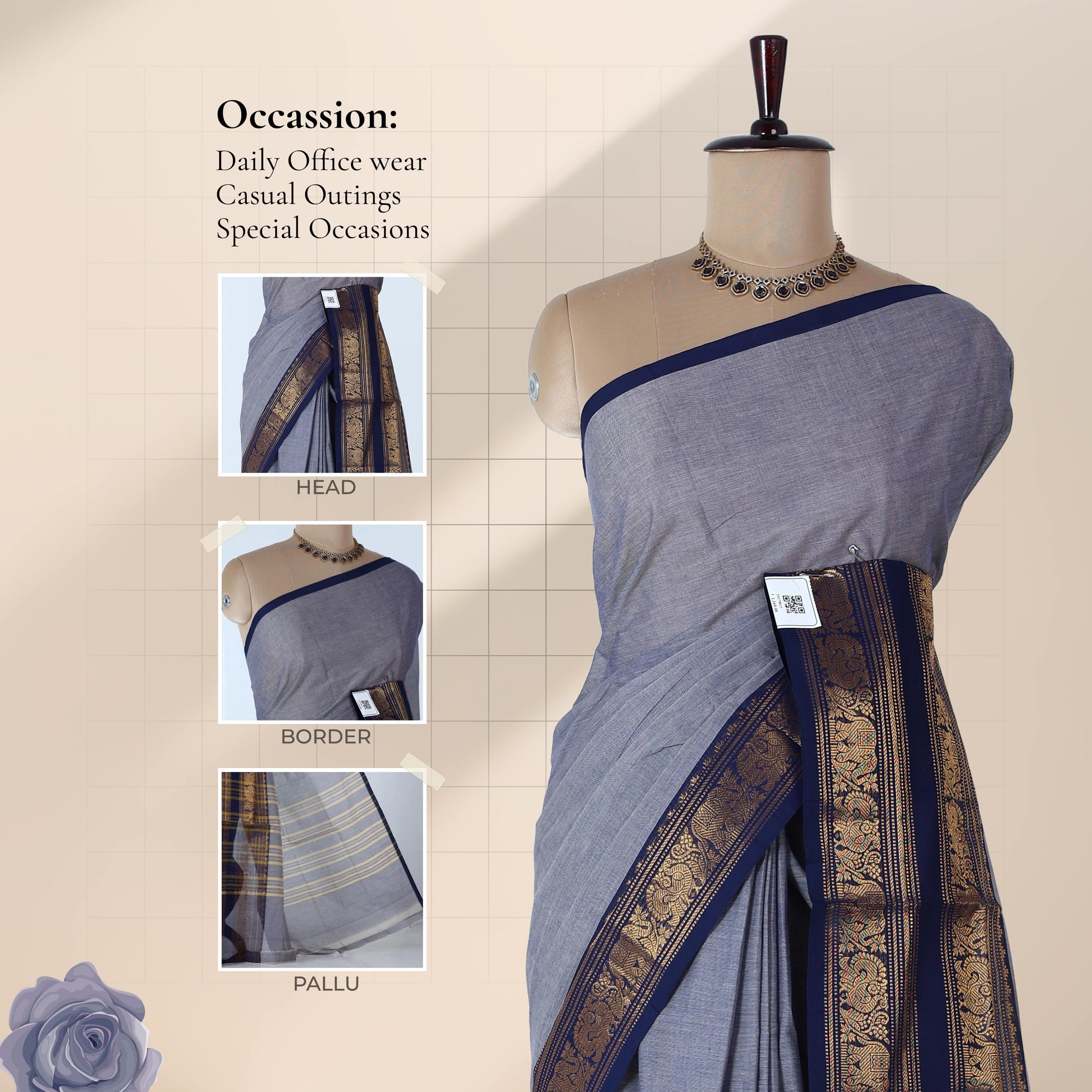Venkatagiri cotton saree with elegant navy blue zari border in light grey front draped mannequin view.