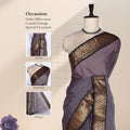 Venkatagiri cotton saree with grey zari border in black front draped view on mannequin