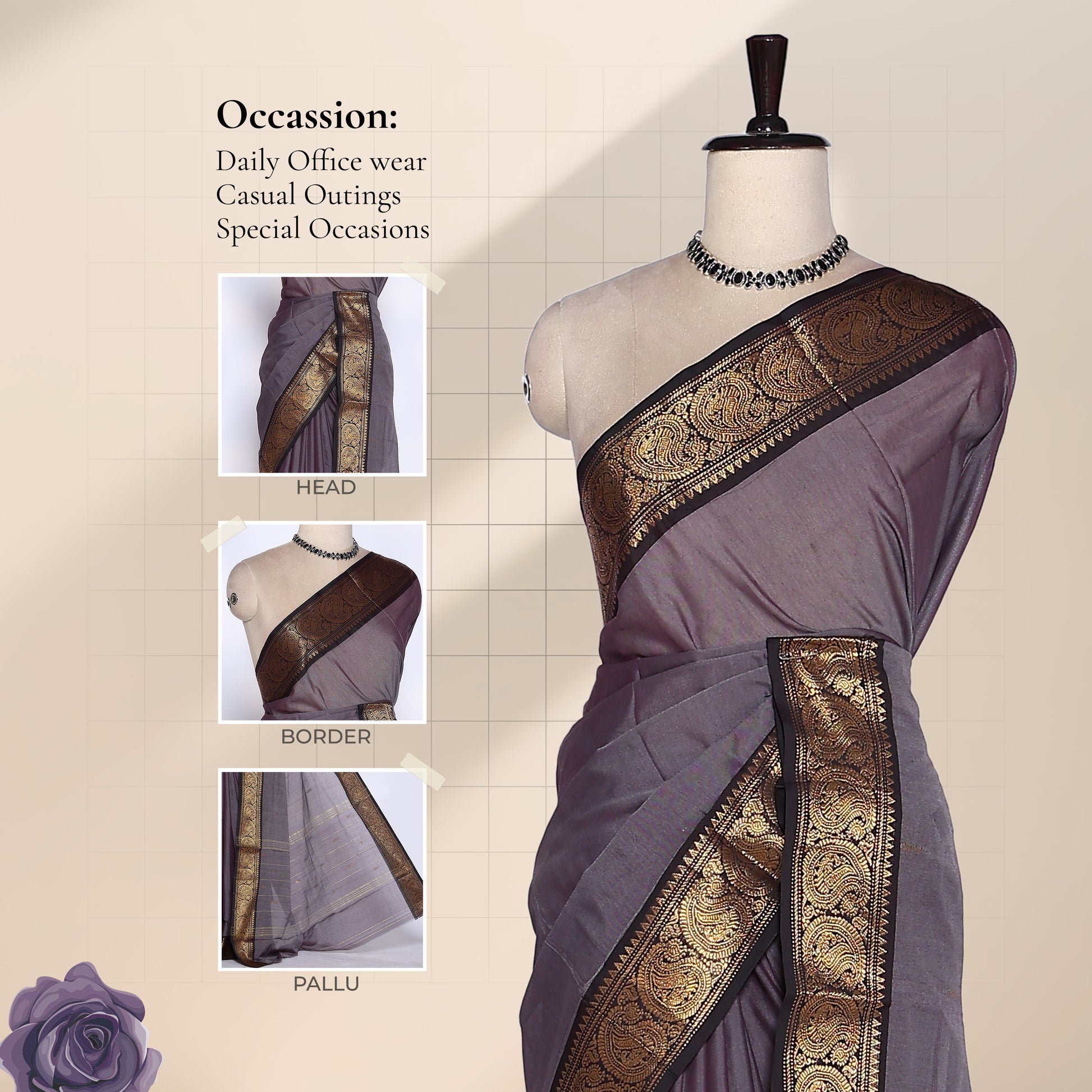 Venkatagiri cotton saree with grey zari border in black front draped view on mannequin
