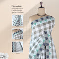 Venkatagiri cotton saree with grey and white checks and geometric contrast border front view on mannequin 