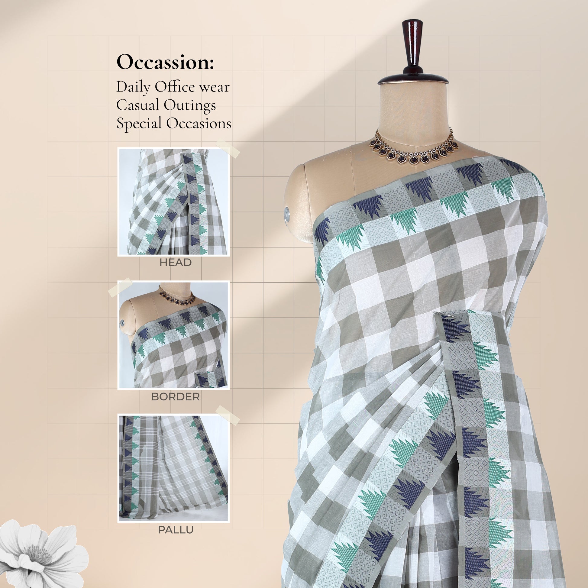 Venkatagiri cotton saree with grey and white checks and geometric contrast border front view on mannequin 