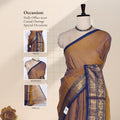 Venkatagiri cotton saree with light brown body and navy blue zari border front draped view on mannequin