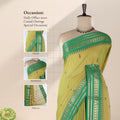 Venkatagiri cotton saree with light green body contrast green temple zari border and woven buttas front draped mannequin view