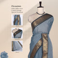 Venkatagiri cotton saree with dark grey zari border in light grey front draped view on mannequin