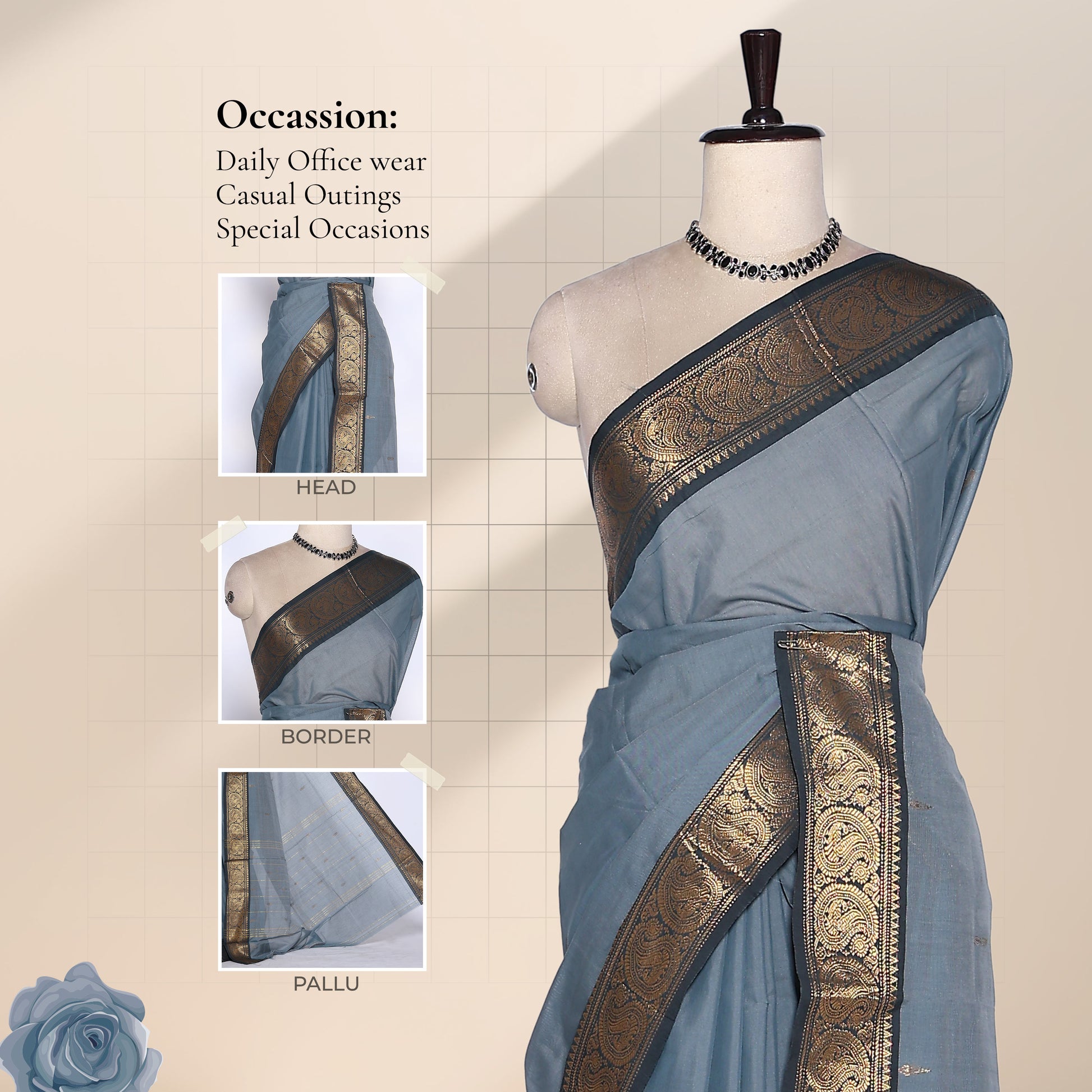 Venkatagiri cotton saree with dark grey zari border in light grey front draped view on mannequin