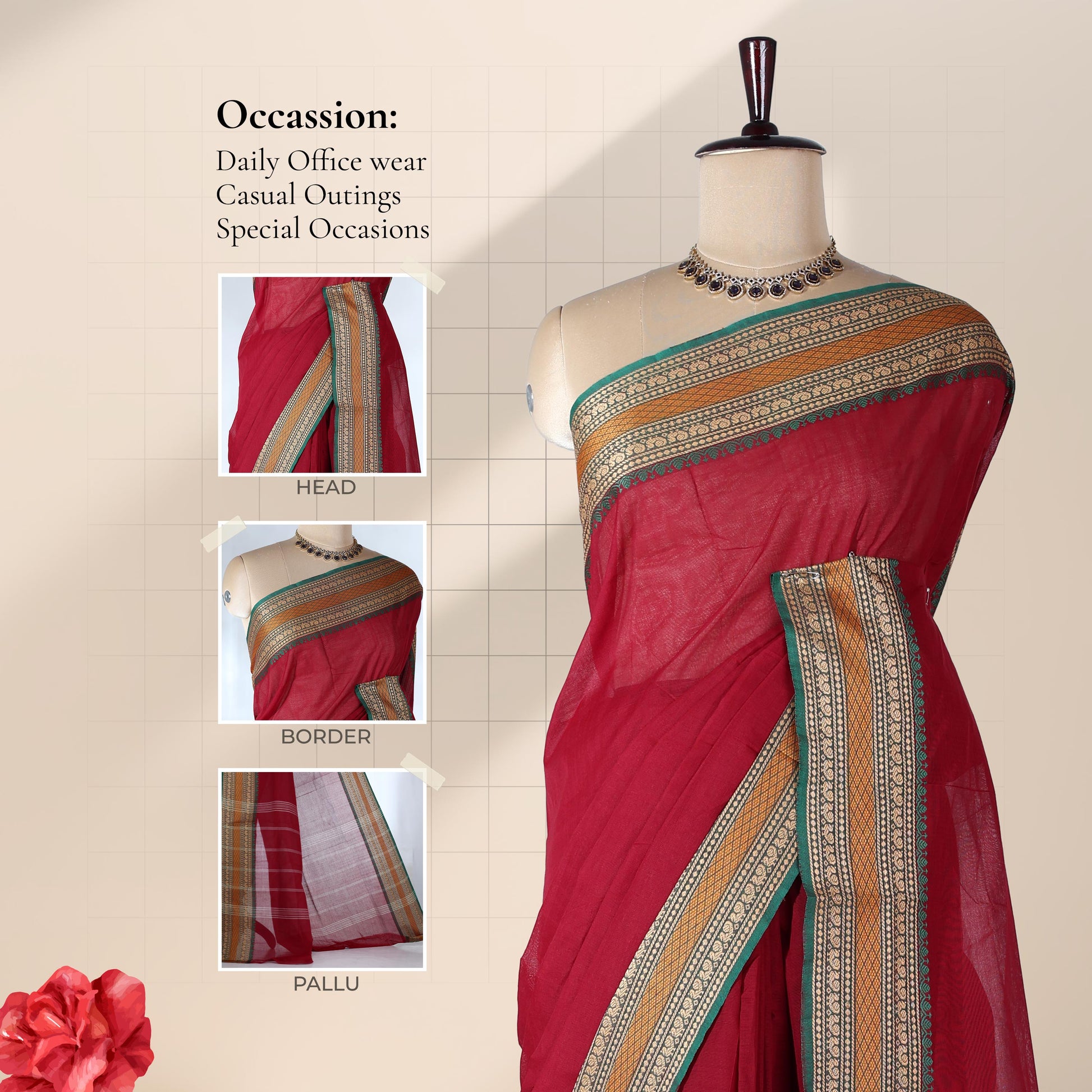 Venkatagiri cotton saree with zari woven green and gold border in deep maroon front view on mannequin 