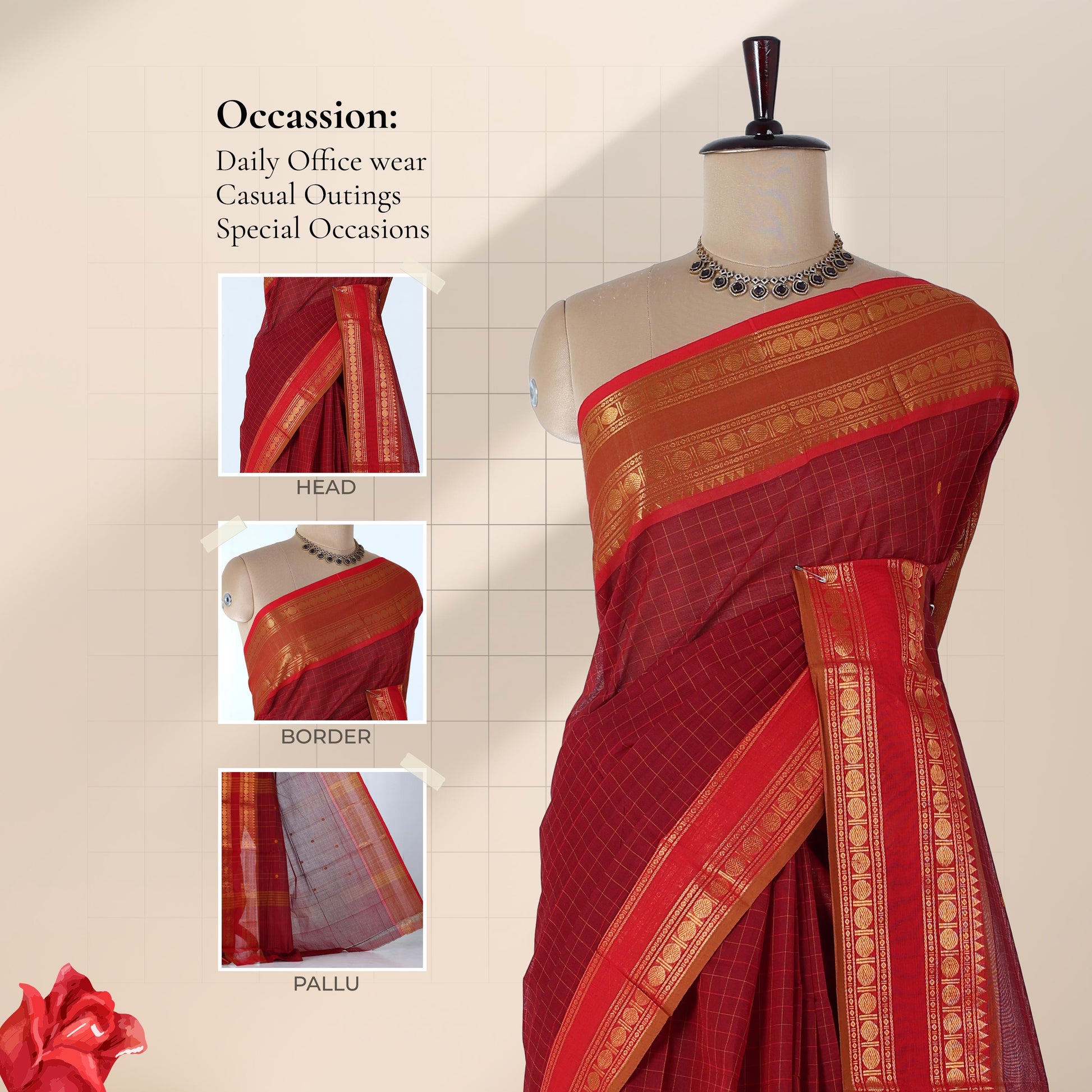 Venkatagiri cotton saree with gold zari border in maroon and red front draped view on mannequin