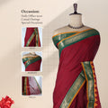 Venkatagiri cotton saree with broad floral zari border in maroon and green front draped mannequin view