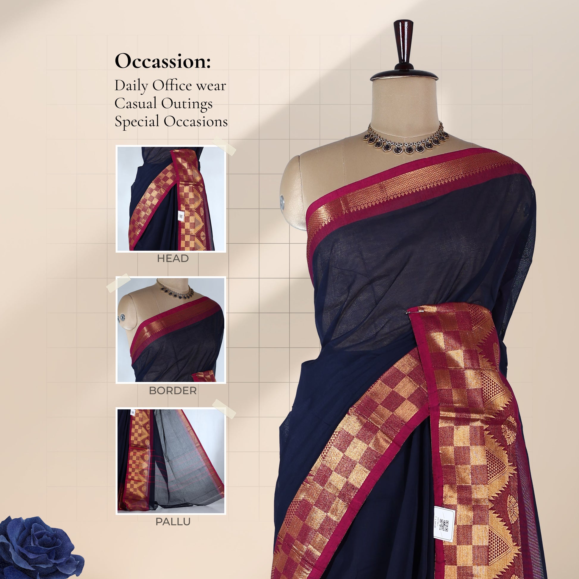 Front view of Venkatagiri cotton saree in navy blue with magenta zari temple border and gold checked pallu.