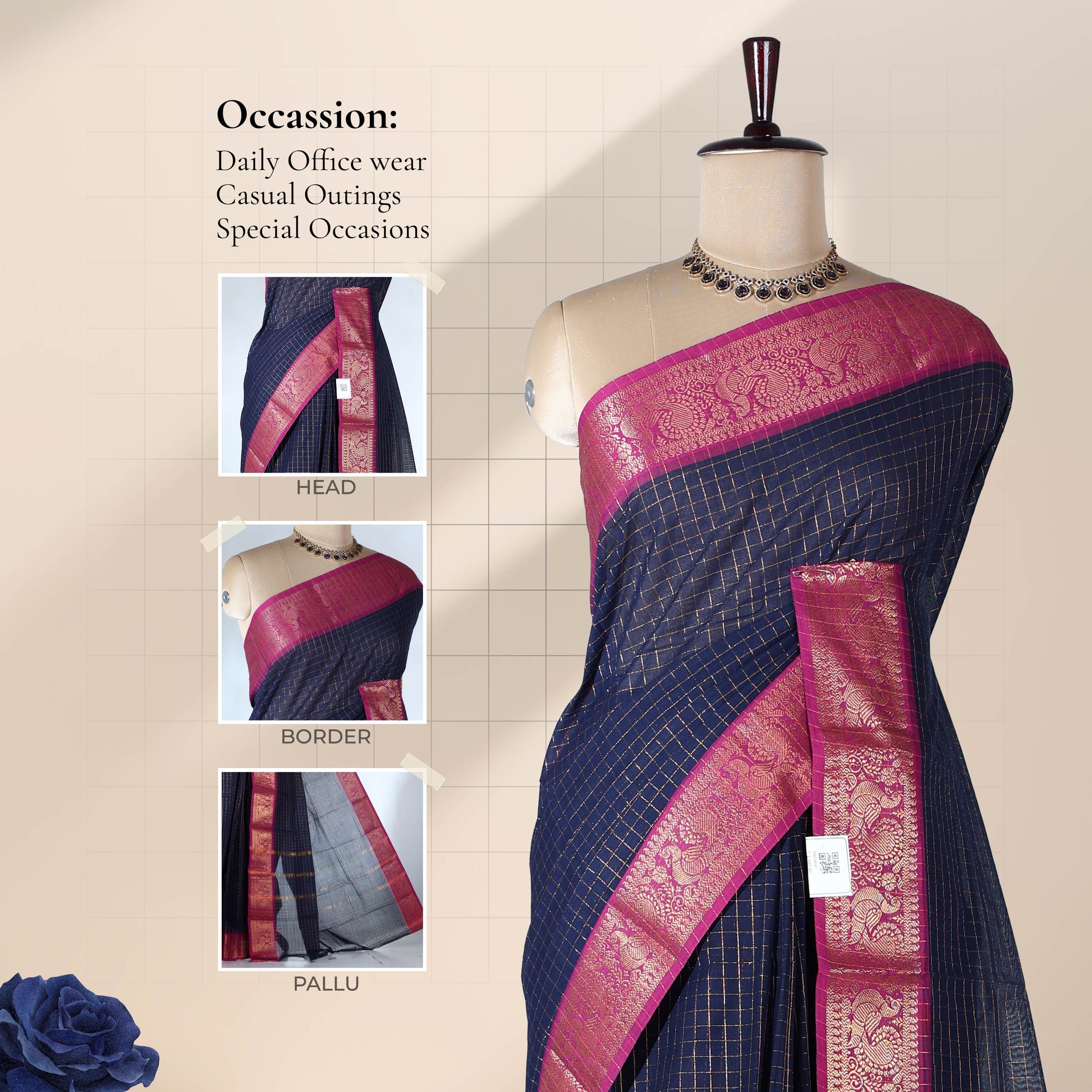 Front view of a navy Venkatagiri cotton saree with a pink and gold zari peacock border displayed on a mannequin