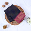 Venkatagiri cotton saree with navy blue checked body and magenta zari border flat lay front view