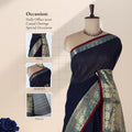 Venkatagiri cotton saree with navy body and traditional elephant and peacock zari border front draped mannequin view