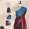 Front view of Venkatagiri cotton saree with blue body navy checks maroon zari border and contrast pallu.