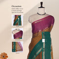 Venkatagiri cotton saree in maroon with brown checked weave green gold zari border and contrast pallu front display.