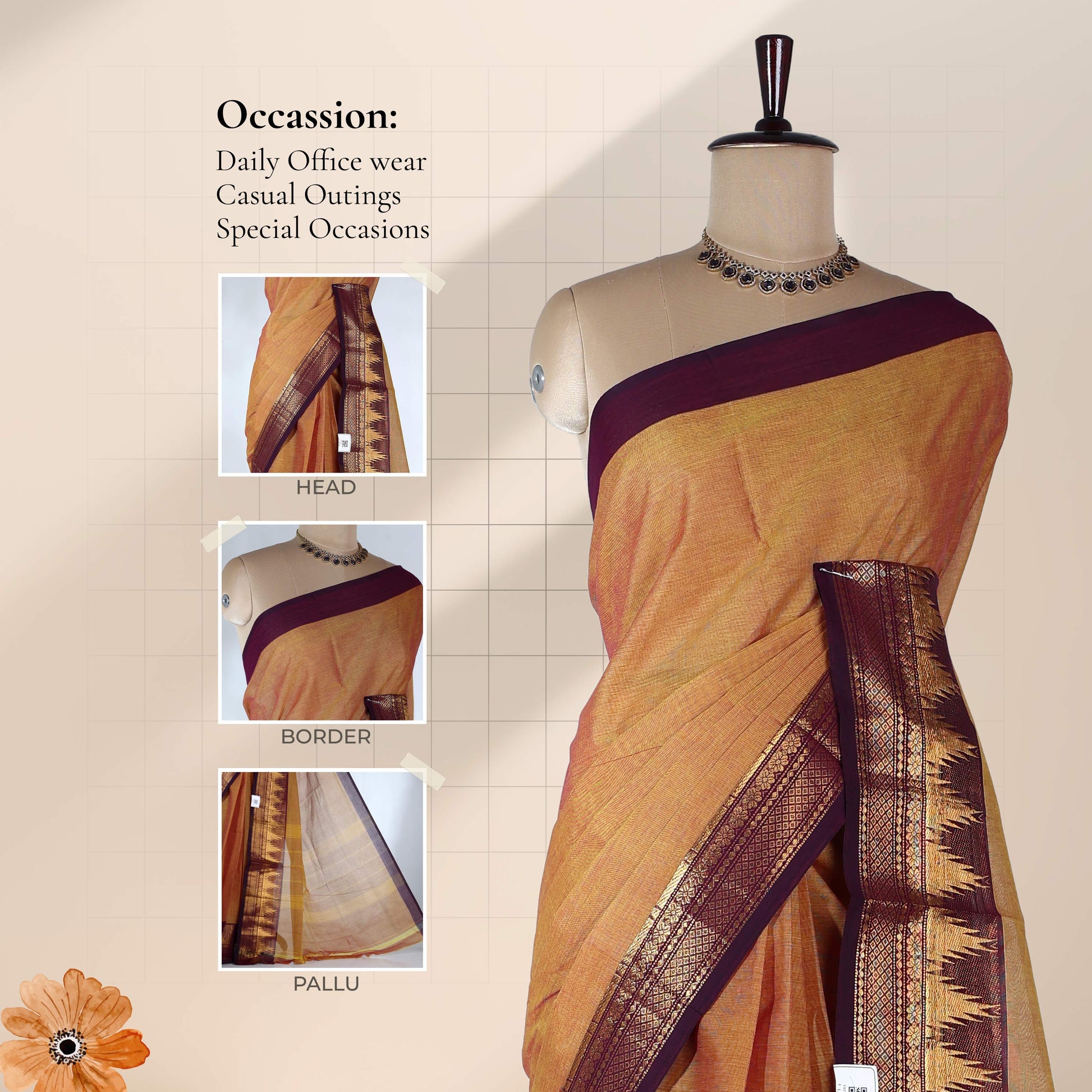 Front view of Venkatagiri cotton saree in orange with maroon zari border and woven traditional pallu