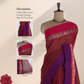 Venkatagiri cotton saree with maroon body pink and purple zari peacock border front draped mannequin view.