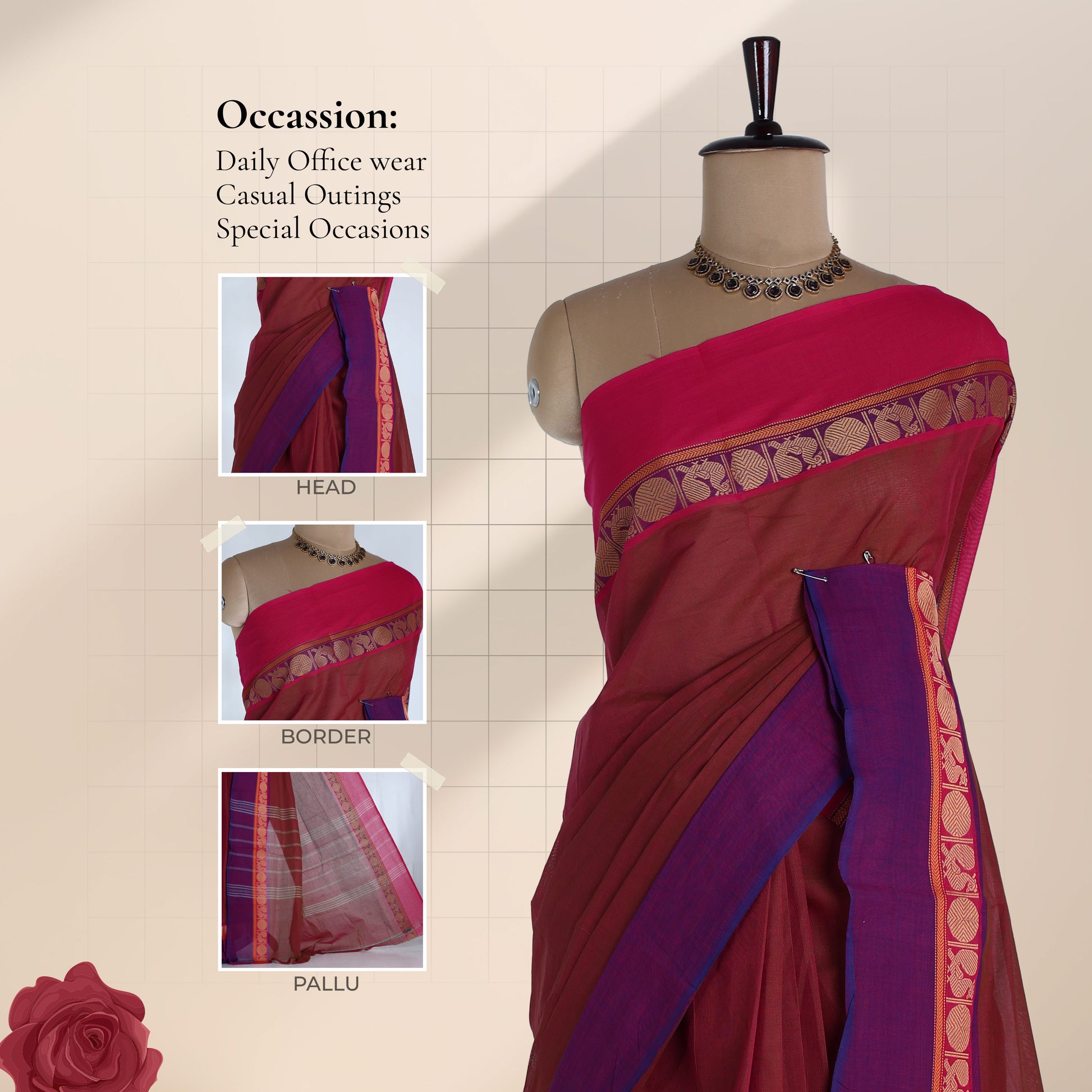 Venkatagiri cotton saree with maroon body pink and purple zari peacock border front draped mannequin view.