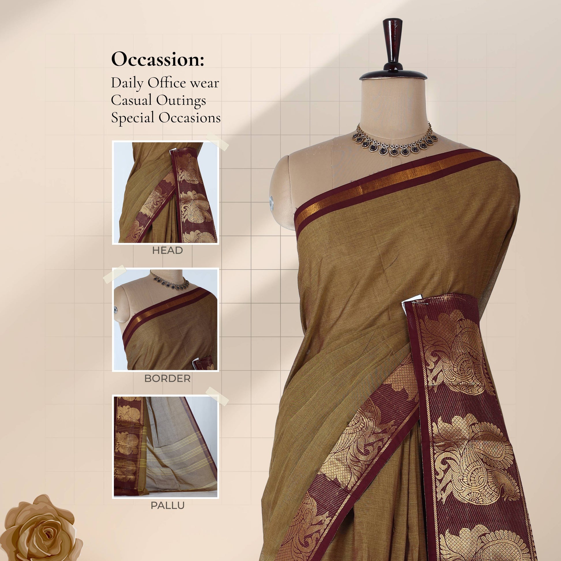Venkatagiri cotton saree with olive green body and maroon peacock zari border front draped mannequin view.