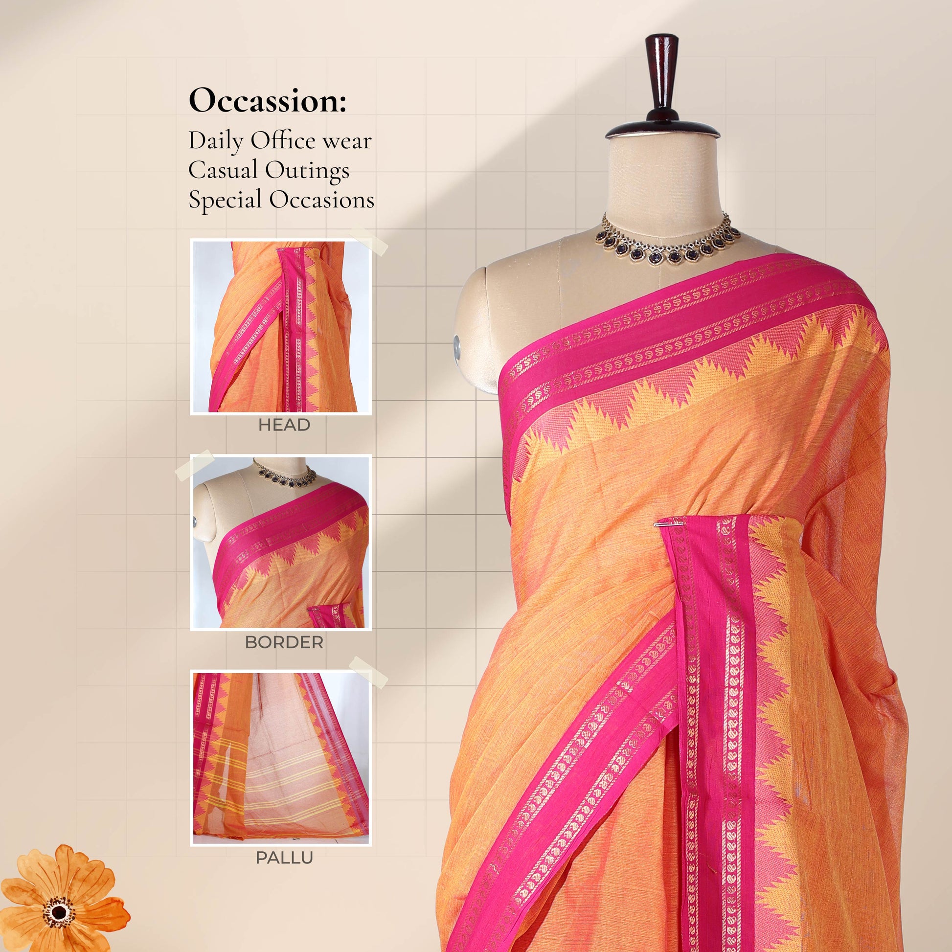 Orange Venkatagiri cotton saree with pink temple zari border front draped mannequin view.