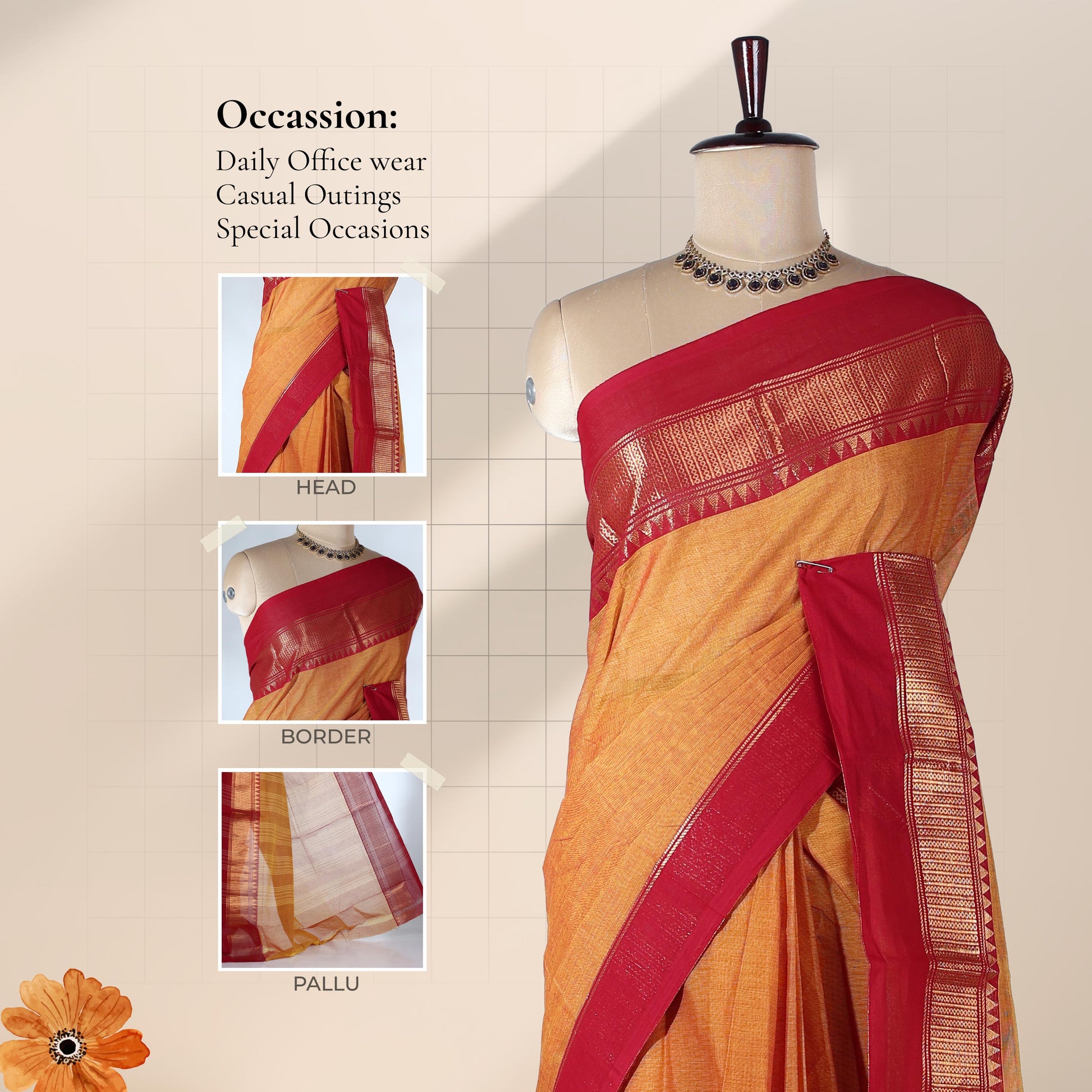 Venkatagiri cotton saree with traditional temple zari border in Orange and red front draped view on mannequin.