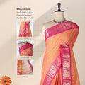 Front view of a orange Venkatagiri cotton saree with a pink and gold zari peacock border displayed on a mannequin