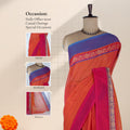 Venkatagiri cotton saree with orange body blue zari peacock border and pink pallu front draped mannequin view.