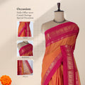 Venkatagiri cotton saree with peacock zari border in orange and pink front draped mannequin view.