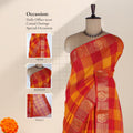 Venkatagiri cotton saree with orange checked body and gold zari paisley border front draped mannequin view.