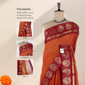 Venkatagiri cotton saree with orange body and maroon gold zari paisley border front draped mannequin view.