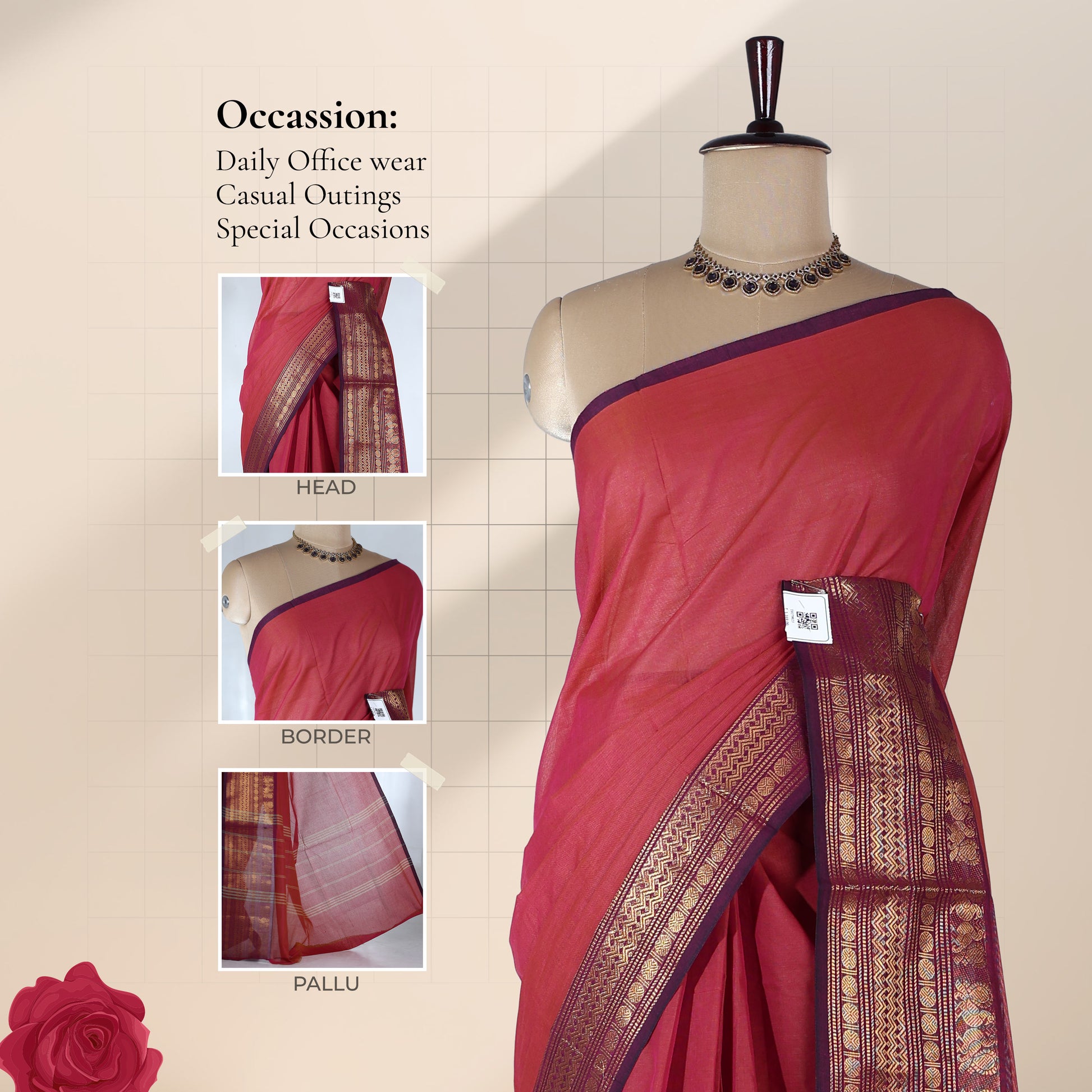 Front view of Venkatagiri cotton saree in rose pink with contrast purple zari border and traditional woven pallu.