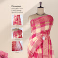 Venkatagiri cotton saree with pink and cream checks gold zari border and pallu front draped view.