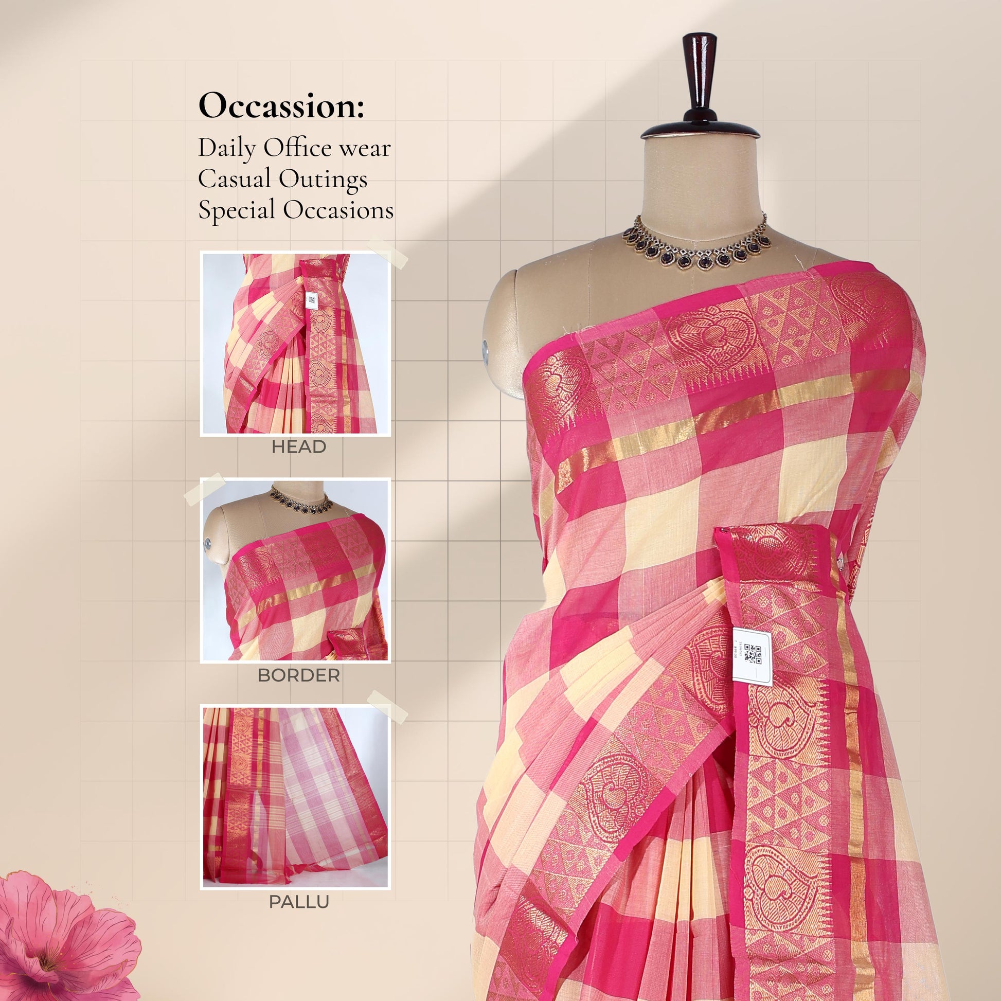 Venkatagiri cotton saree with pink and cream checks gold zari border and pallu front draped view.