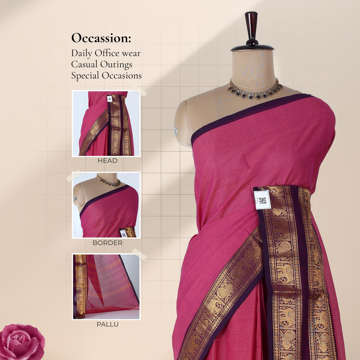 Venkatagiri cotton saree with gold zari purple border in pink draped on a mannequin front view with border and pallu details