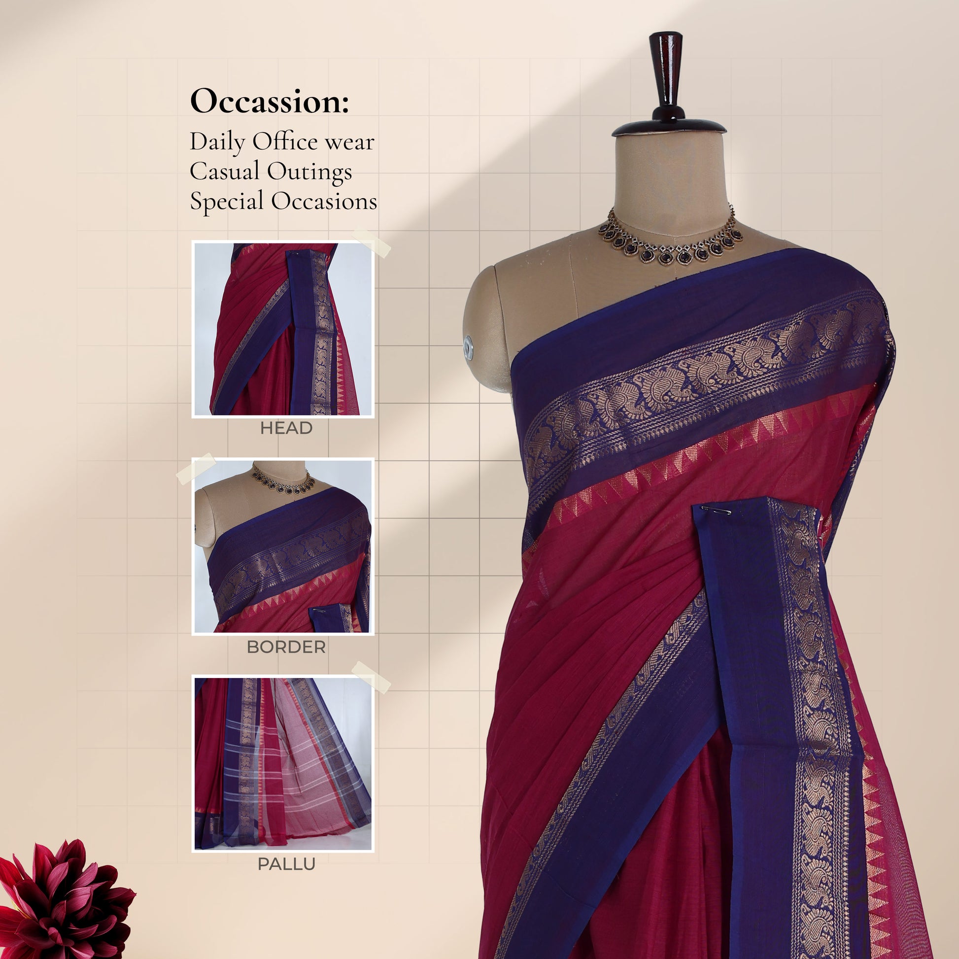 Venkatagiri cotton saree with royal blue zari temple border on pink body front view with border and pallu details