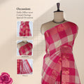 Venkatagiri cotton saree with pink checked body and traditional peacock zari woven border front draped mannequin view.