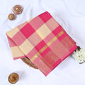 Venkatagiri cotton saree with pink and cream checks gold zari border front folded product view
